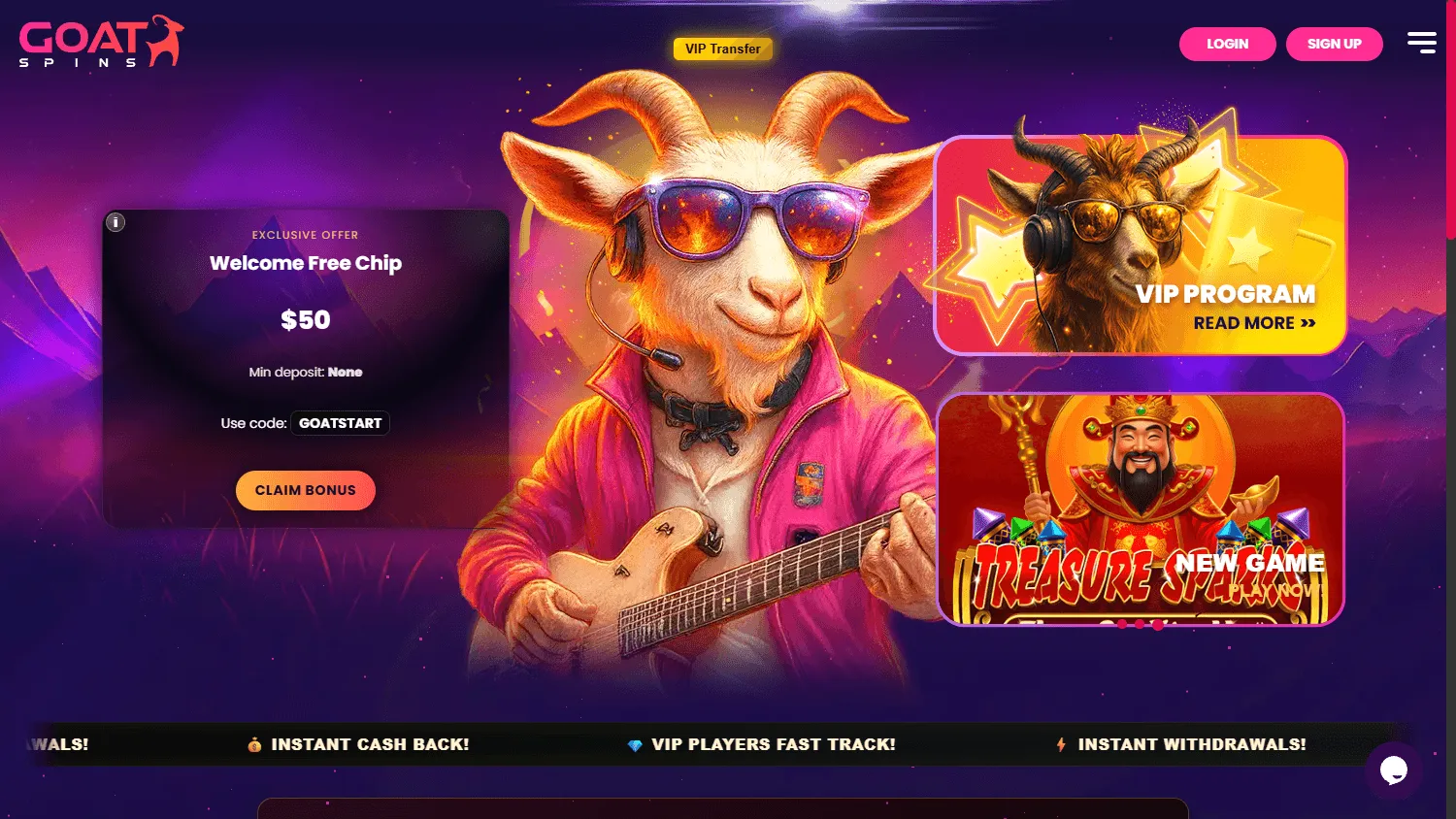 Goat Spins Casino desktop home view with the welcome package