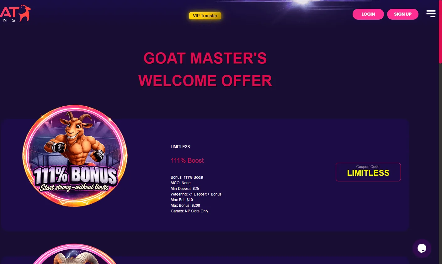 Goat Spins Casino desktop promotions view