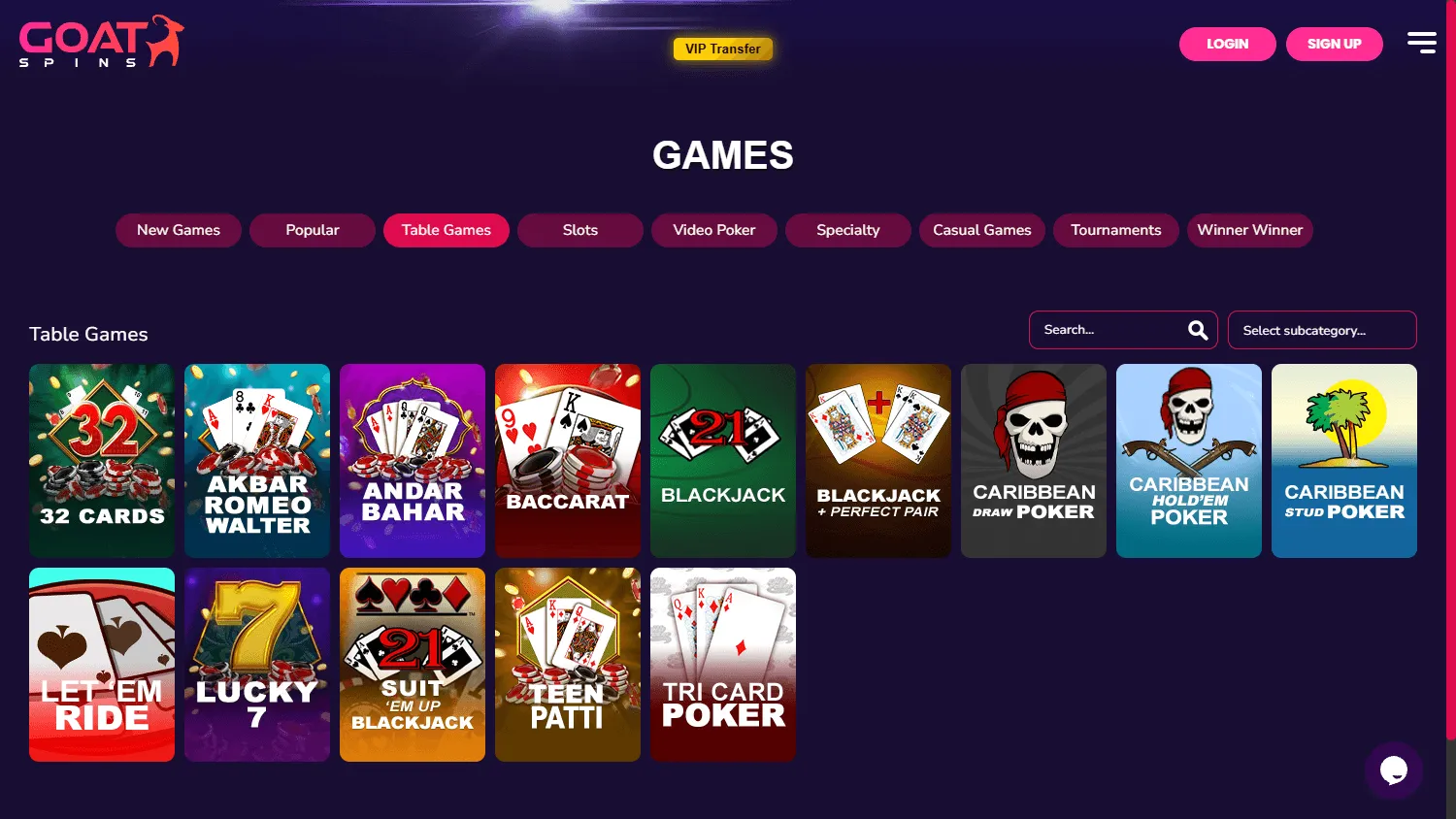Goat Spins Casino desktop game browsing view