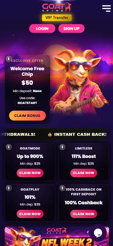 Goat Spins Casino mobile browser home view