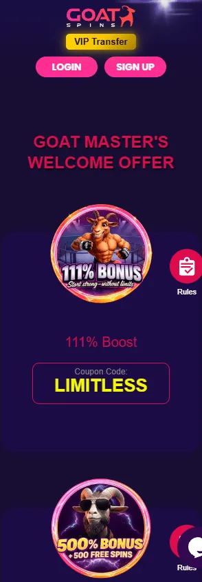 Goat Spins Casino mobile browser promotions view